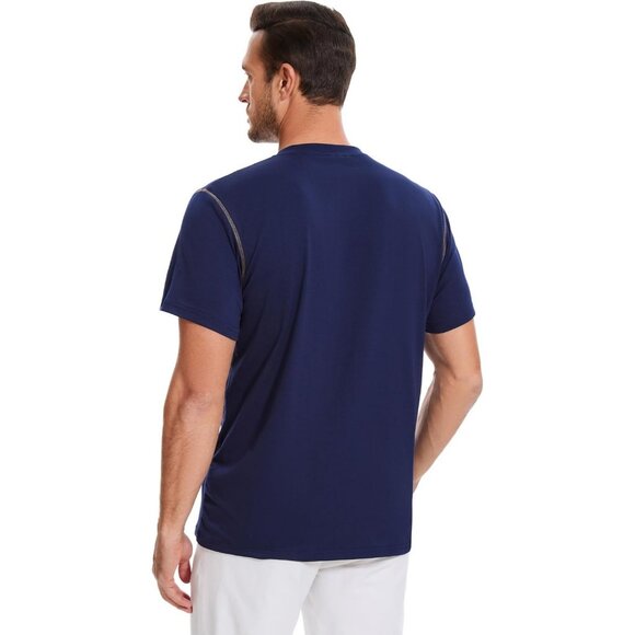 Men Short Sleeve Polo T Shirt Navey Blue Striped Casual Slim Fit Top - Picture 6 of 8